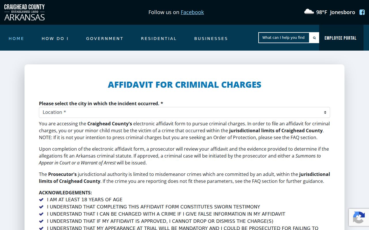 Craighead County arrest warrant affidavit city and identity fields
