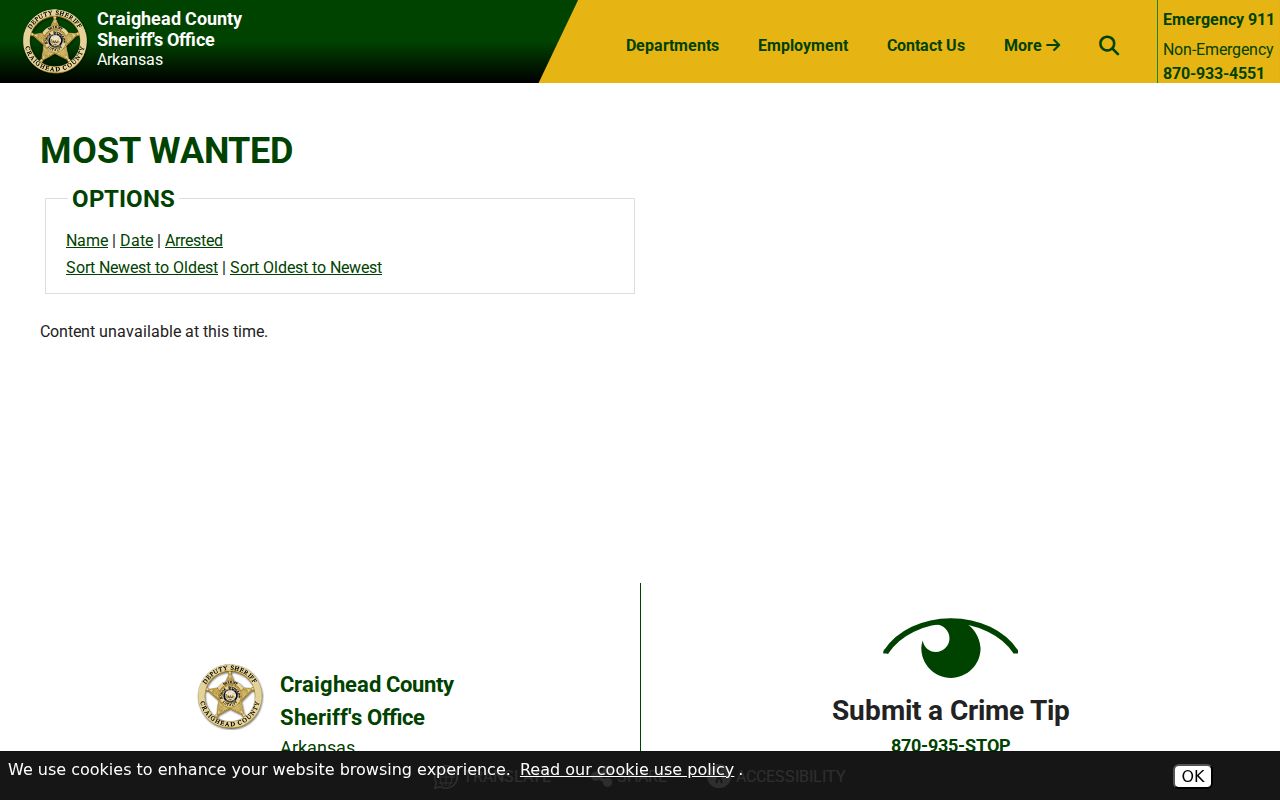Craighead County most wanted official curated interface and sort controls
